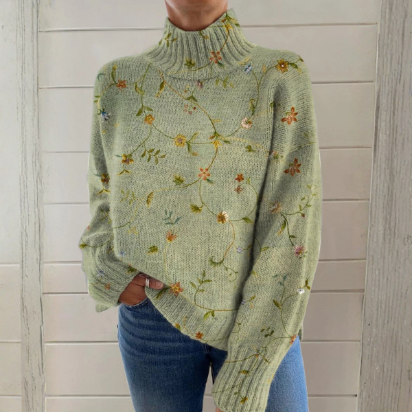 Delia | Pullover aus Wolle mit Blumenstickerei und Rollkragen