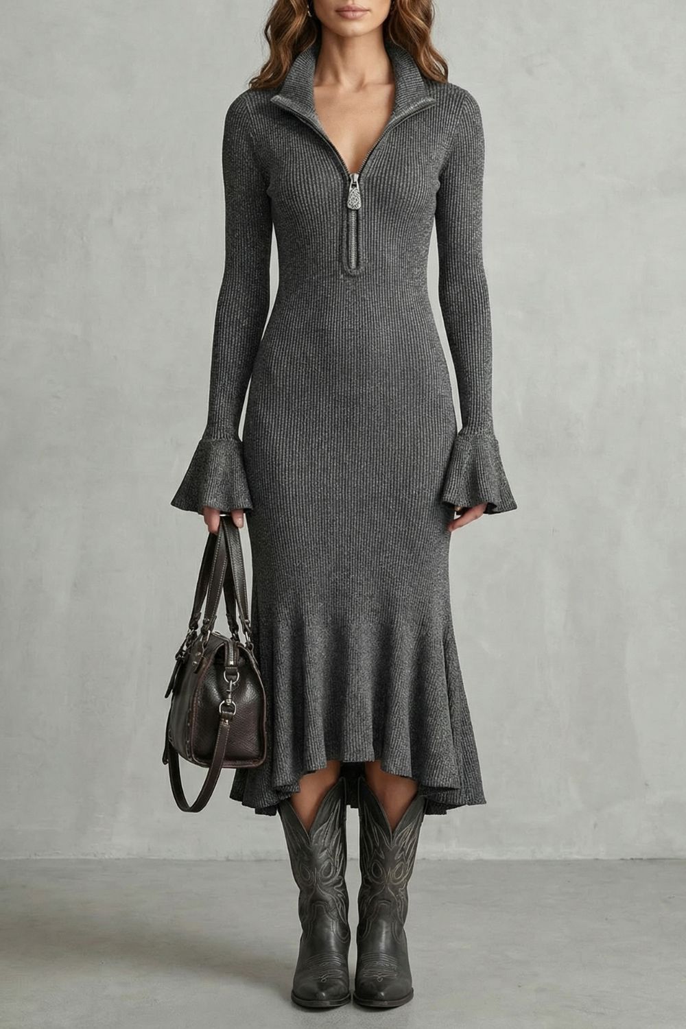 Veloria – Eleganz mit ausgestellten Ärmeln – Midi-Kleid mit Reißverschluss