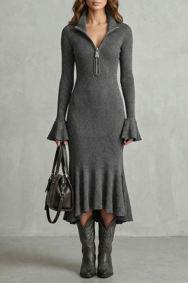 Veloria – Eleganz mit ausgestellten Ärmeln – Midi-Kleid mit Reißverschluss