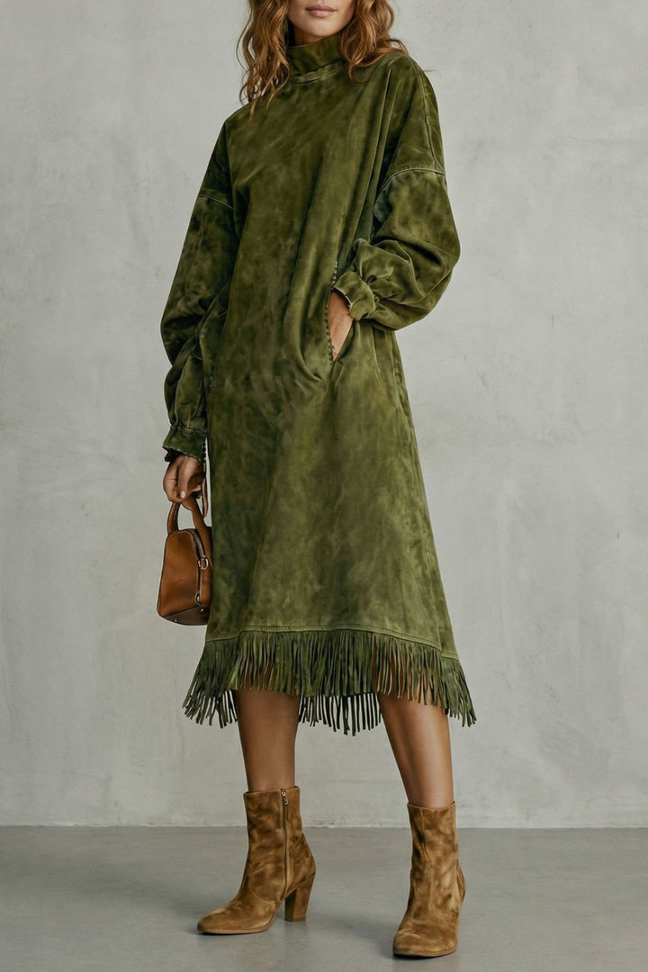 Valdrina – Wildlederfransen-Detail – Midi-Turtleneck-Kleid