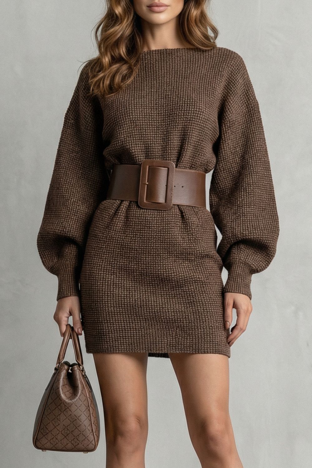 Aderisse – Strukturierter Strickfit – Gürtelt mini Kleid (Gürtel inklusive)