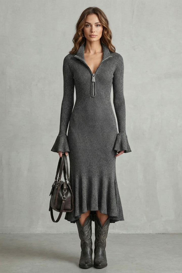Veloria – Eleganz mit ausgestellten Ärmeln – Midi-Kleid mit Reißverschluss