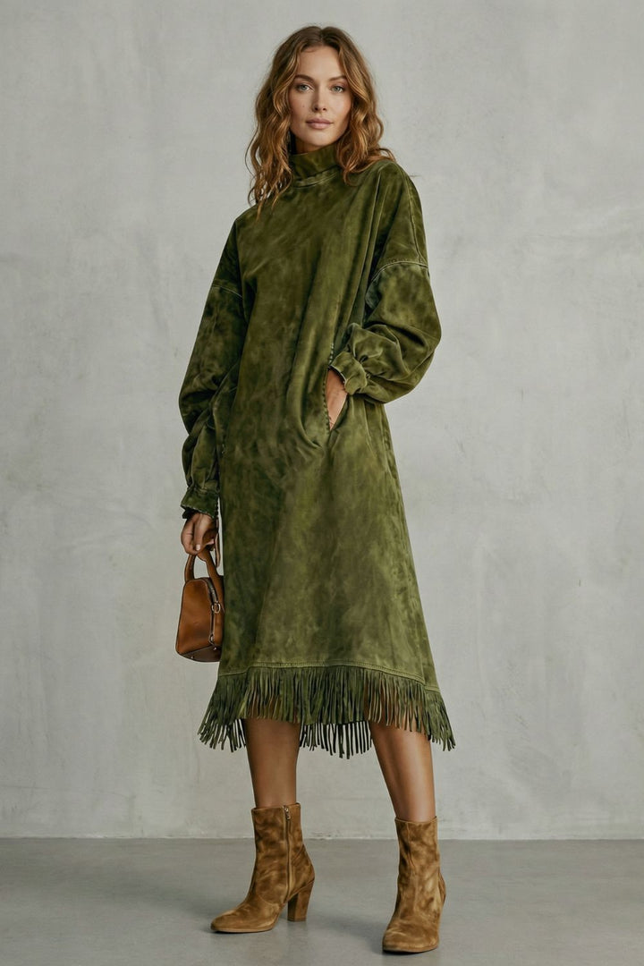 Valdrina – Wildlederfransen-Detail – Midi-Turtleneck-Kleid