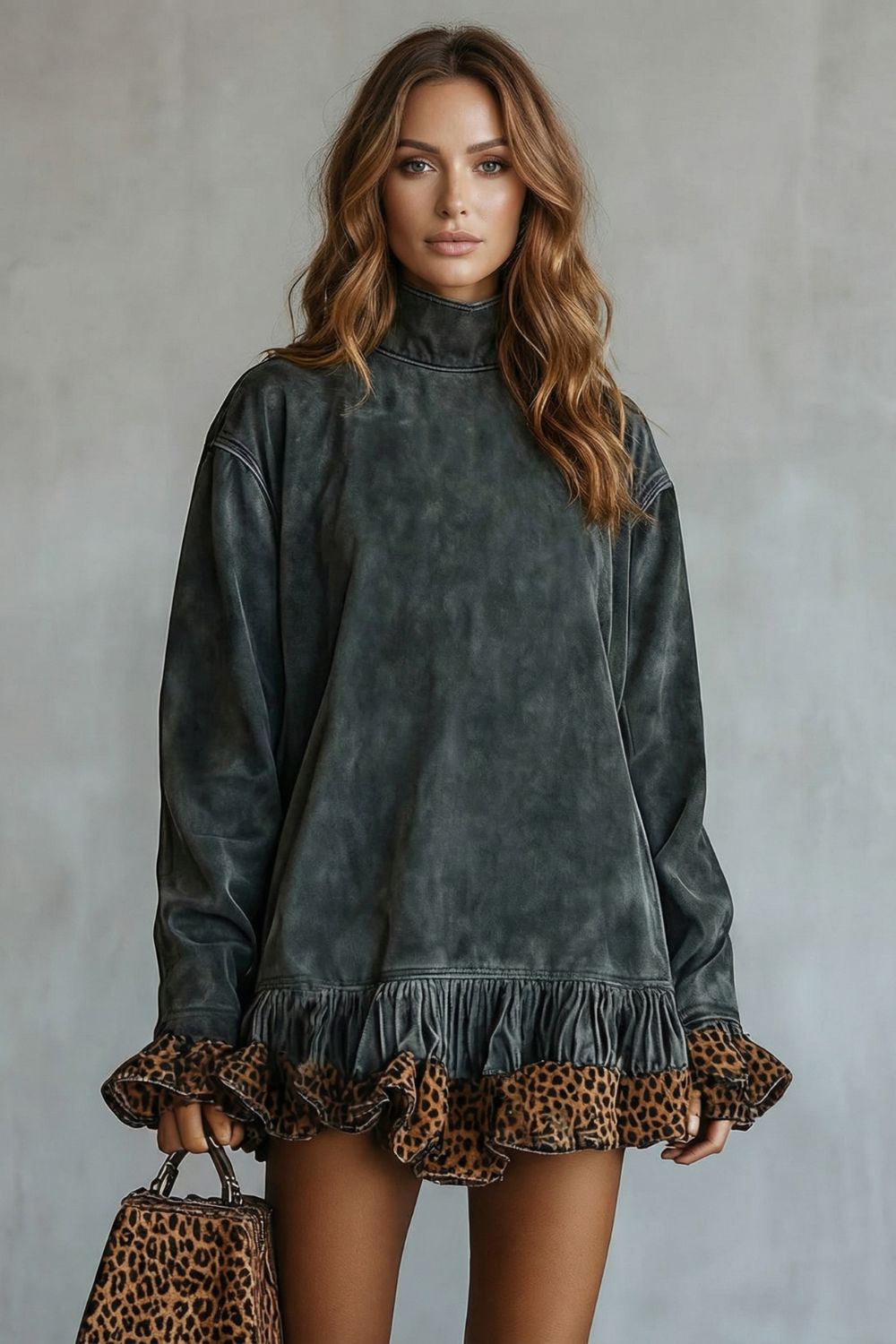 Selvatta – Leopardenbesatz Volant – Wildleder-Minikleid