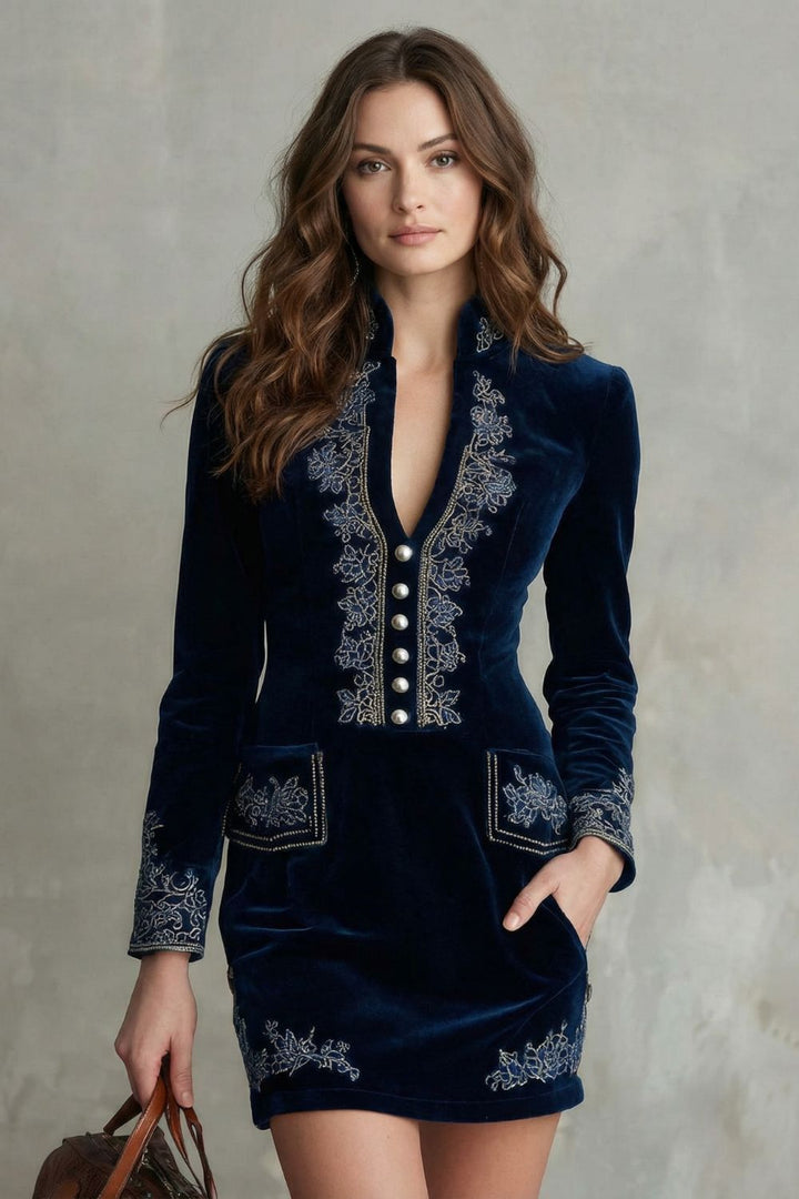 Élarine – Bestickte Samt-Eleganz – Enges Minikleid