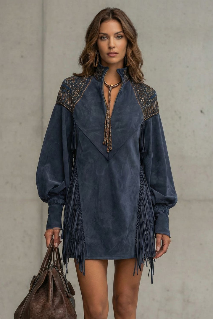 Calvetta – Besticktes Fransen-Detail – Tunika-Minikleid