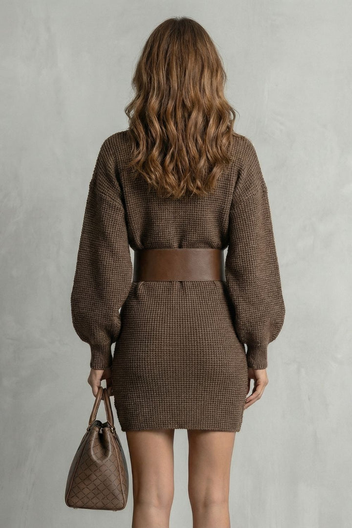 Aderisse – Strukturierter Strickfit – Gürtelt mini Kleid (Gürtel inklusive)