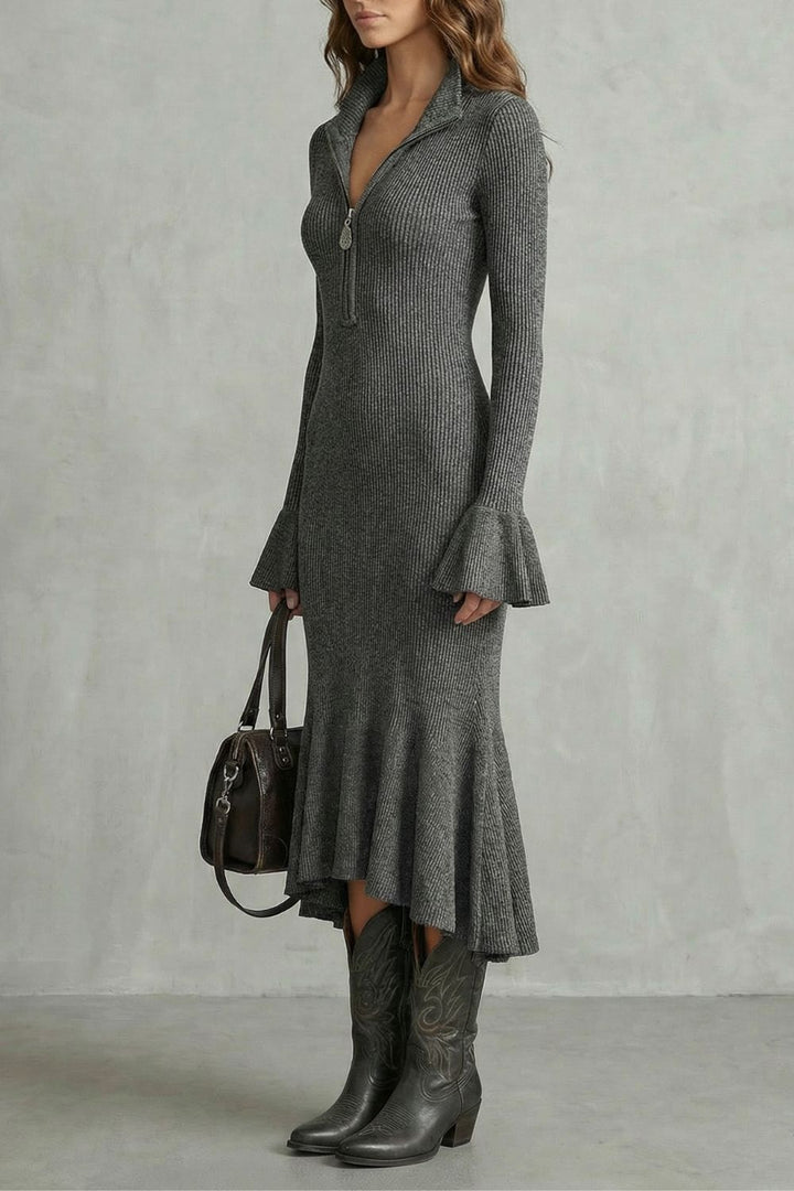 Veloria – Eleganz mit ausgestellten Ärmeln – Midi-Kleid mit Reißverschluss
