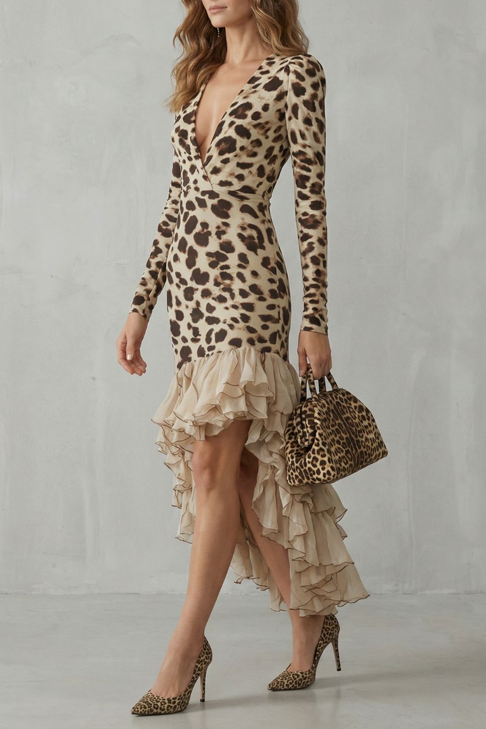 Lioraé – Rüschensaum – Leopardenmuster Midi-Kleid