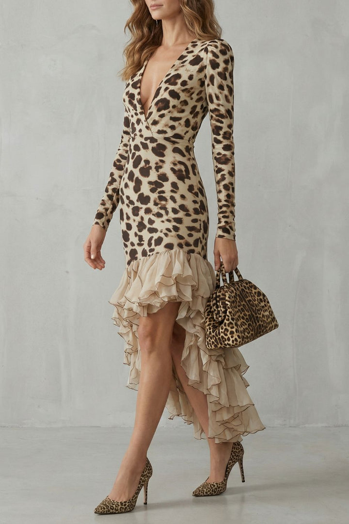 Lioraé – Rüschensaum – Leopardenmuster Midi-Kleid