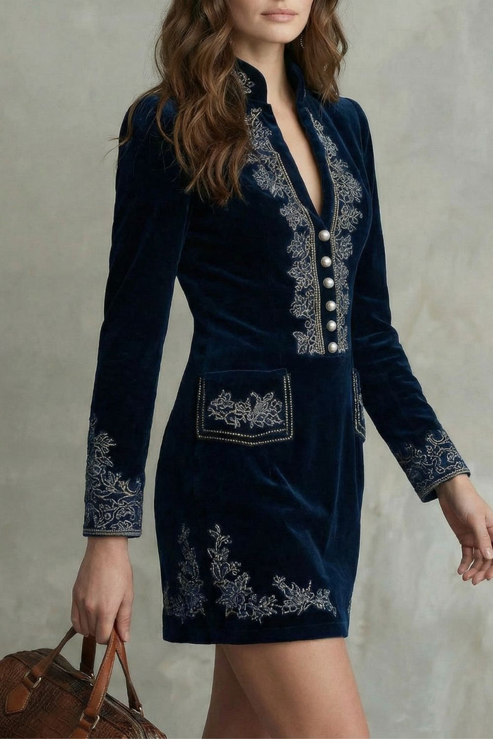 Élarine – Bestickte Samt-Eleganz – Enges Minikleid