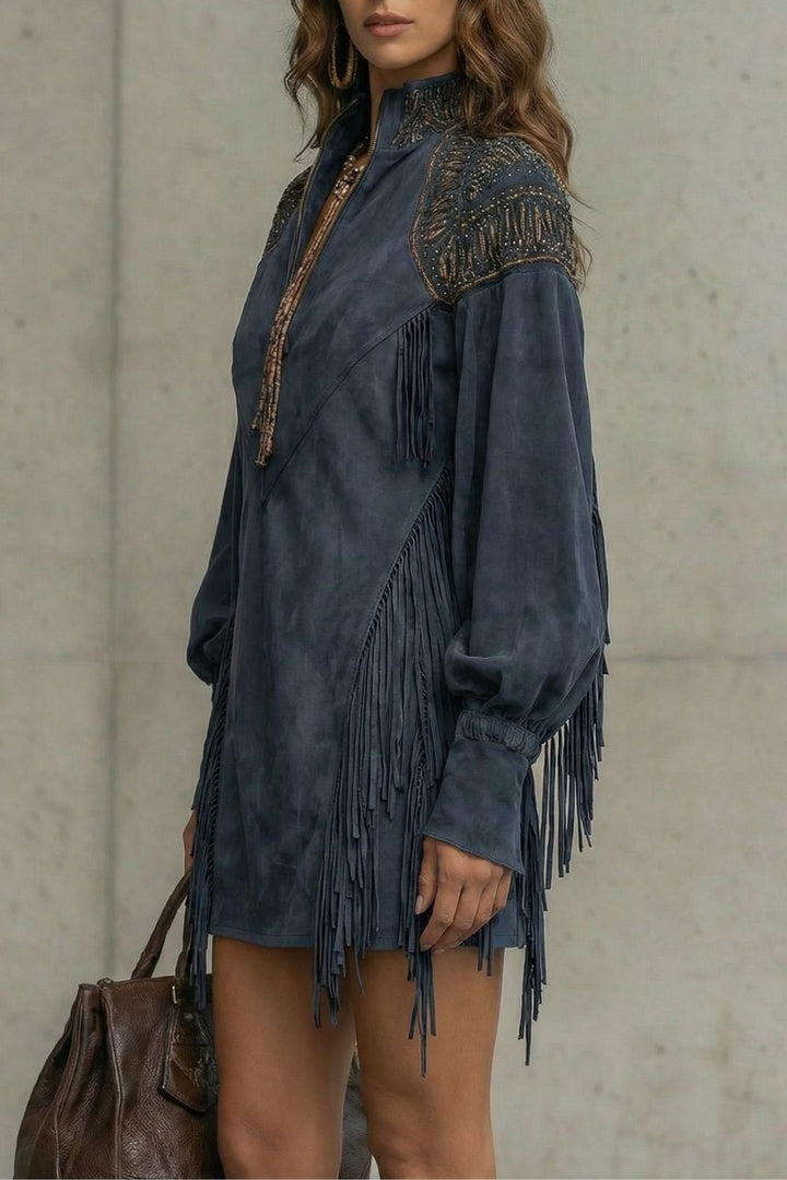 Calvetta – Besticktes Fransen-Detail – Tunika-Minikleid