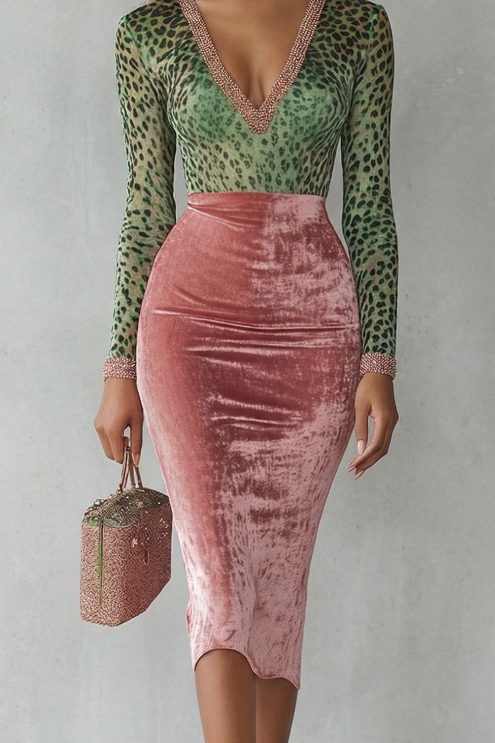Virelline – Leopardenvelours-Kontrast – Figurbetontes Midi-Kleid