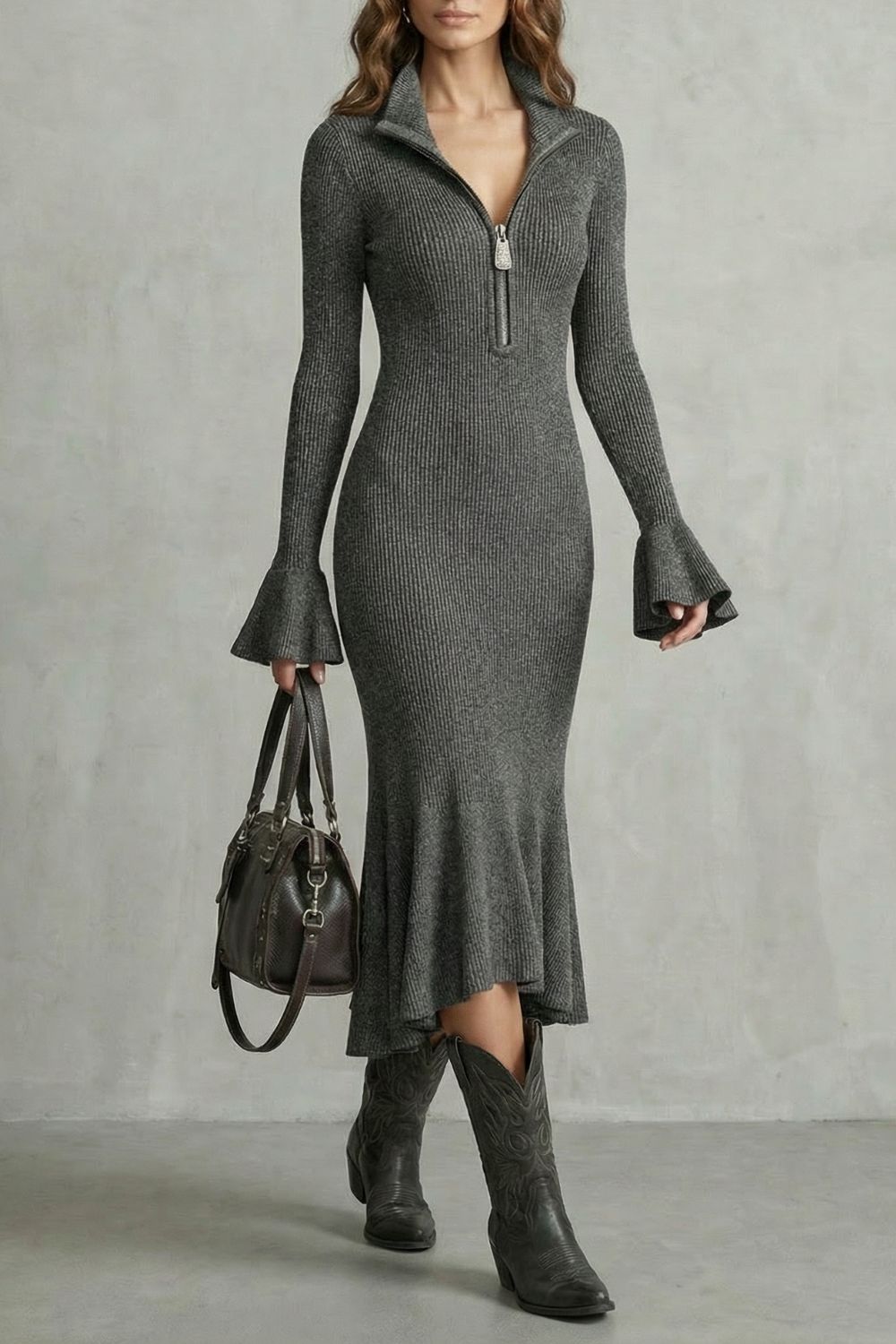 Veloria – Eleganz mit ausgestellten Ärmeln – Midi-Kleid mit Reißverschluss