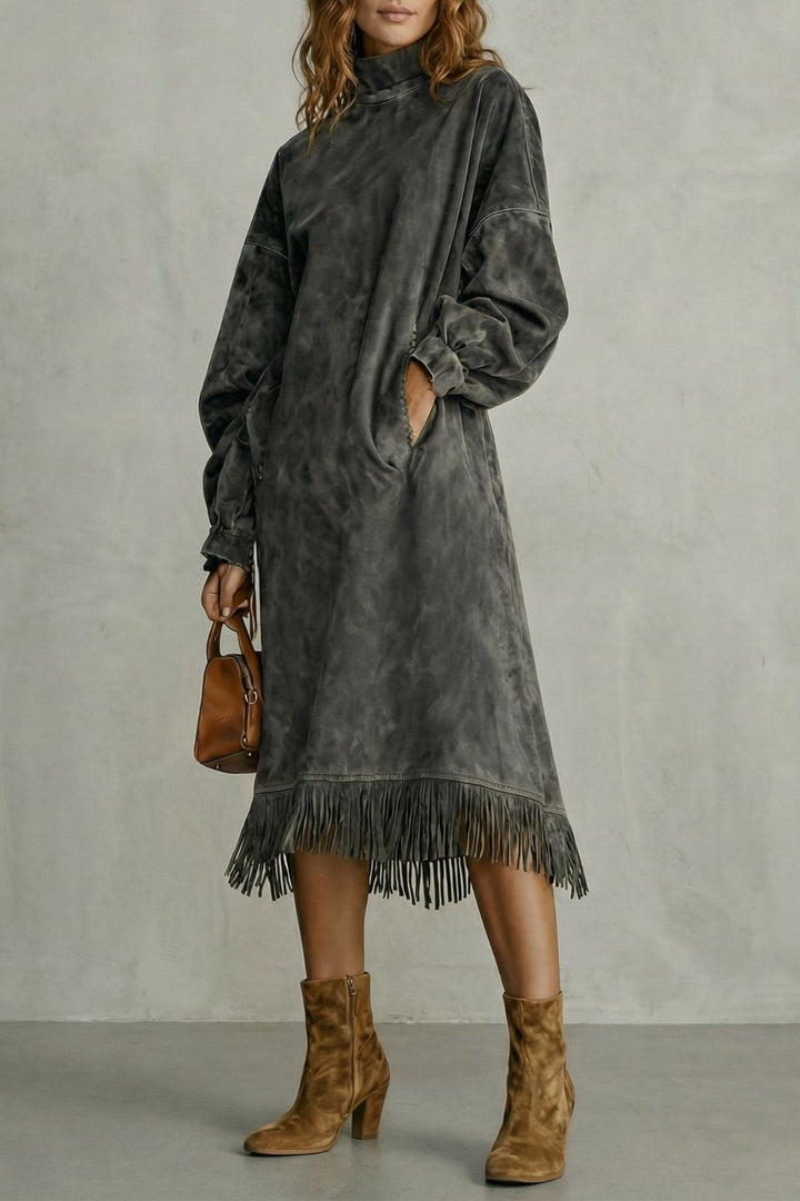 Valdrina – Wildlederfransen-Detail – Midi-Turtleneck-Kleid