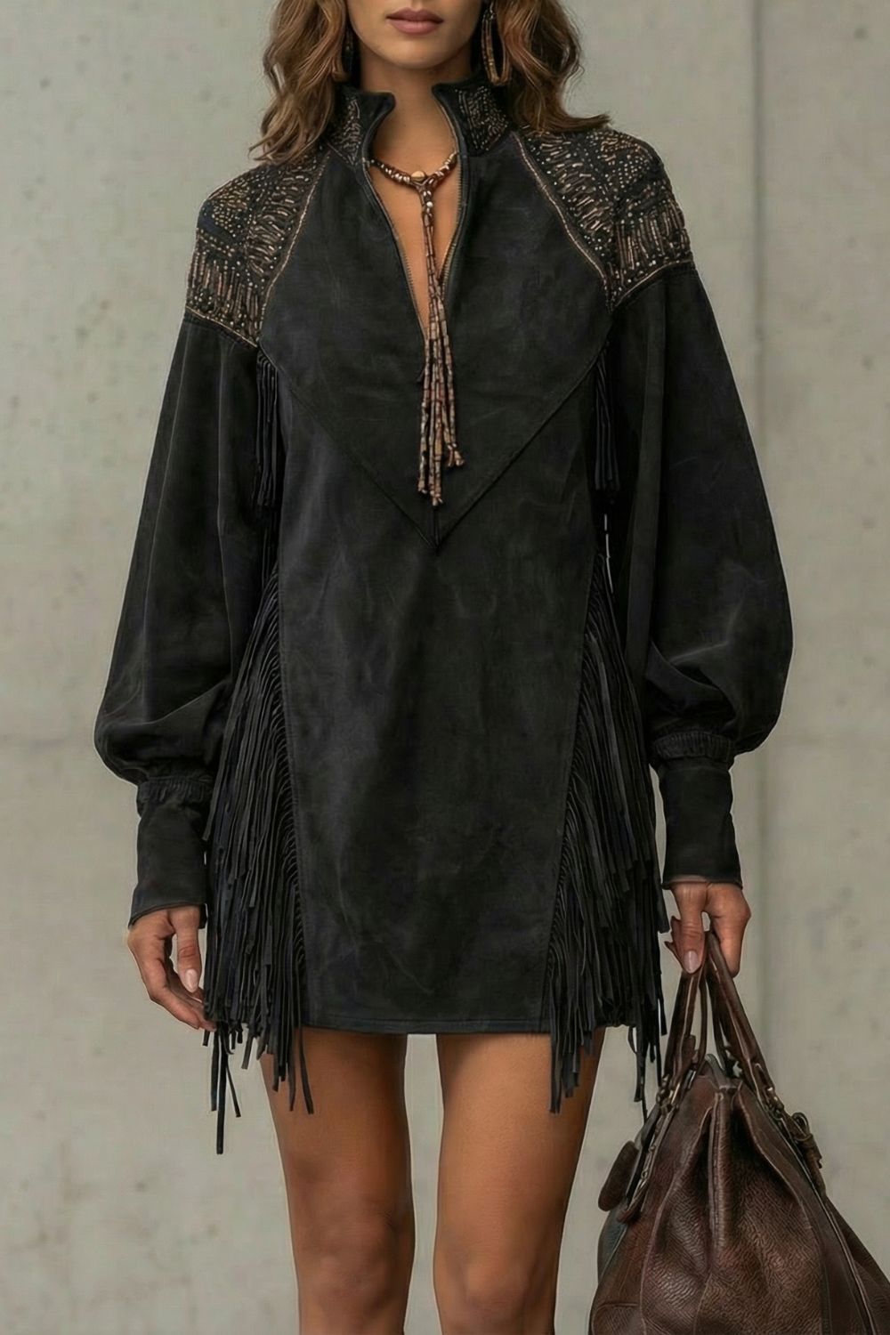 Calvetta – Besticktes Fransen-Detail – Tunika-Minikleid