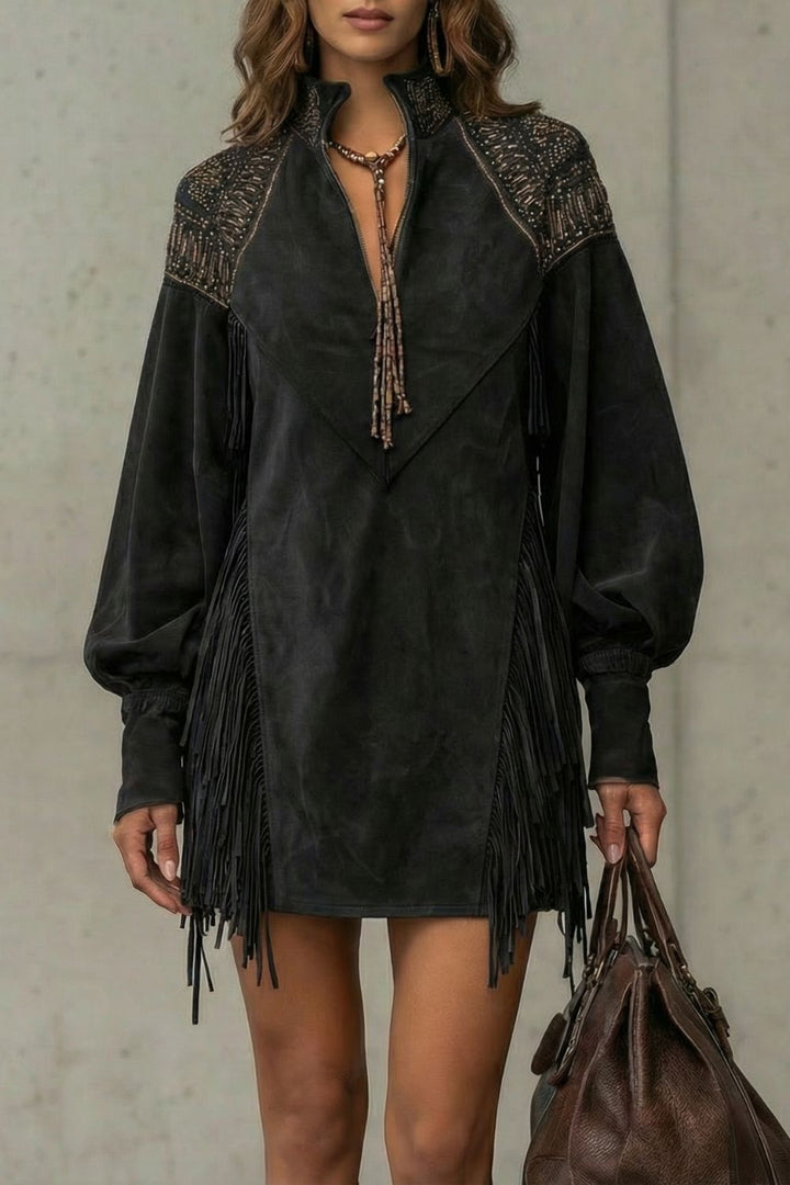 Calvetta – Besticktes Fransen-Detail – Tunika-Minikleid