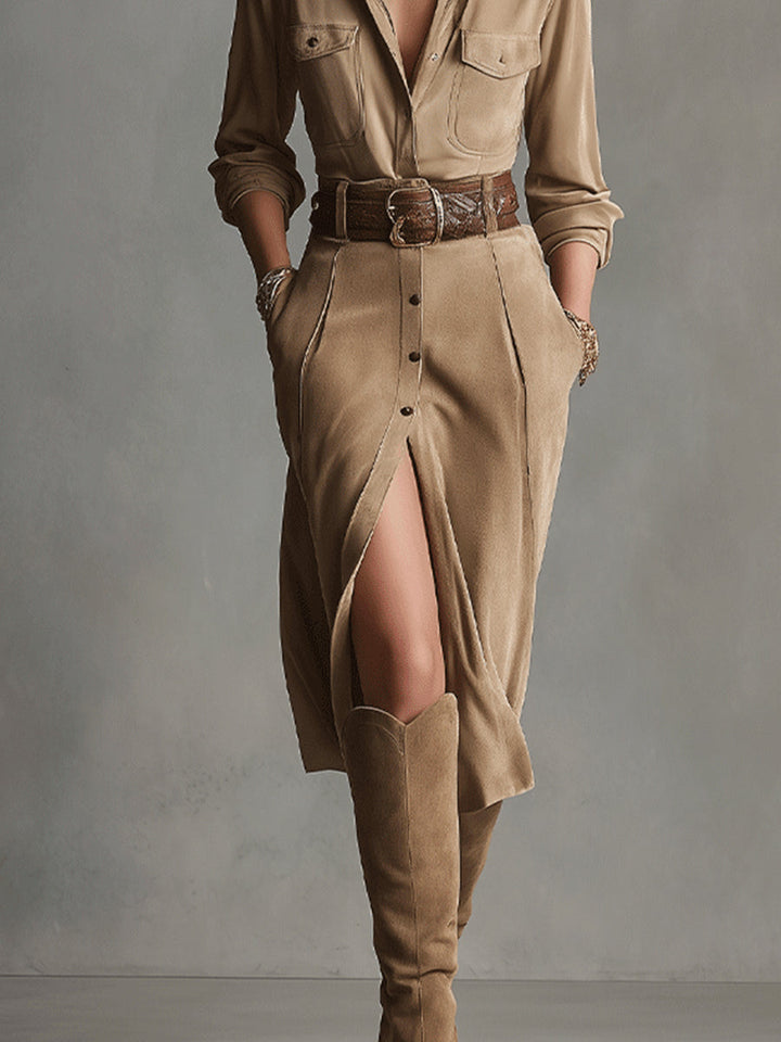 Zoe | Braunes Fashion Wildleder Midi-Kleid