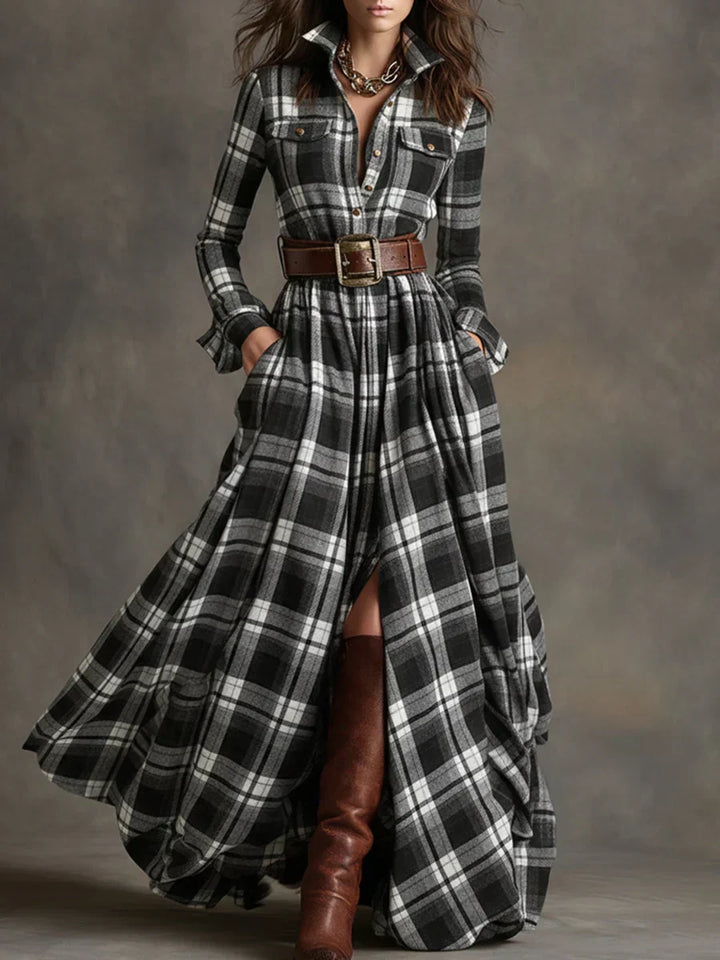 Isabel | Karierter Gürtel-Maxi-Kleid