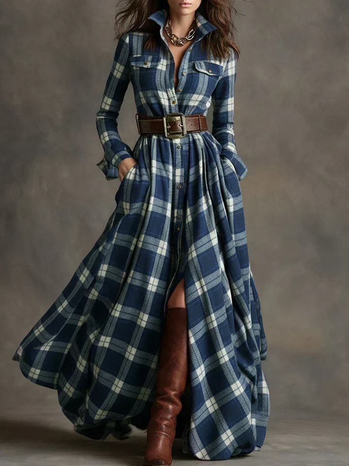 Isabel | Karierter Gürtel-Maxi-Kleid