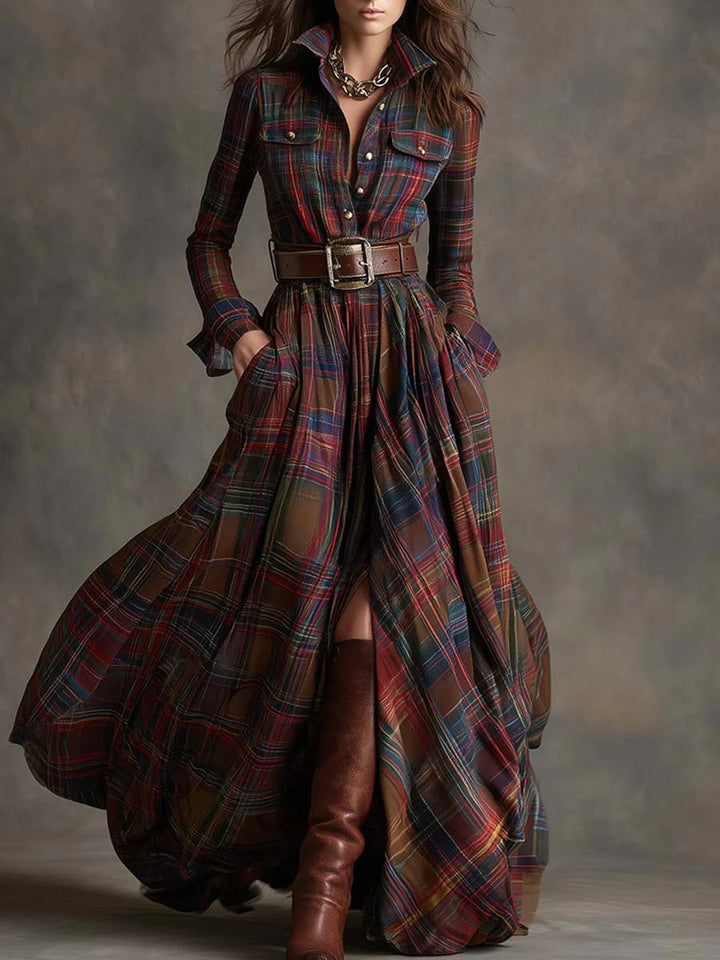 Isabel | Karierter Gürtel-Maxi-Kleid