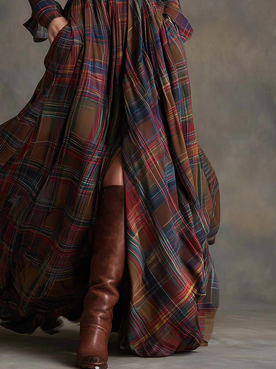 Isabel | Karierter Gürtel-Maxi-Kleid