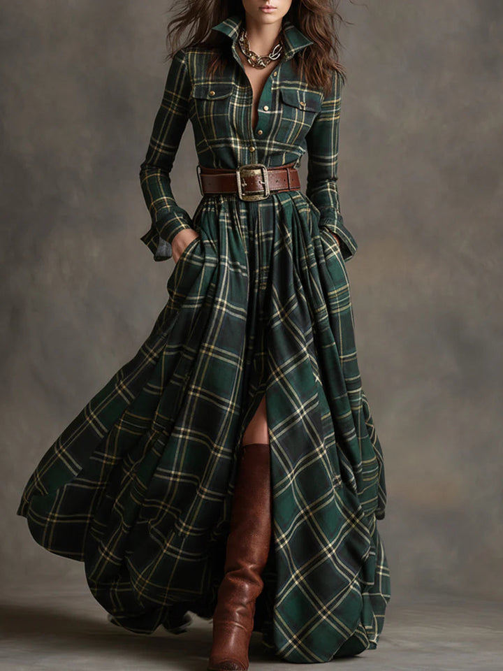 Isabel | Karierter Gürtel-Maxi-Kleid