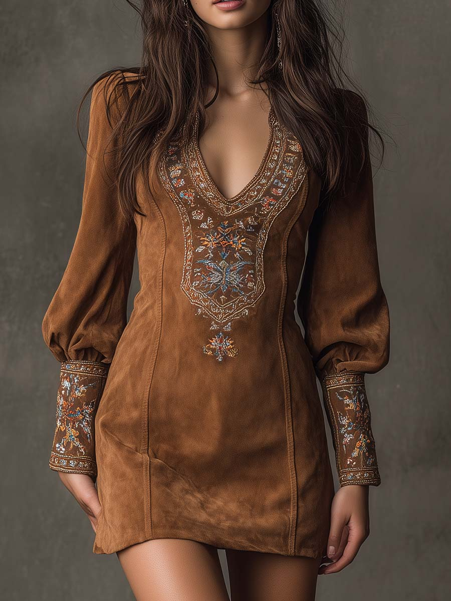 Beatrice | Vintage Braun Wildleder-Style Mini-Kleid mit V-Ausschnitt und Stickerei