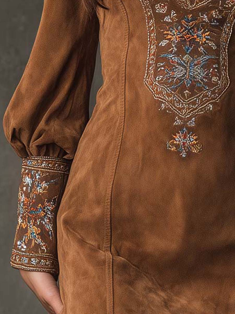 Beatrice | Vintage Braun Wildleder-Style Mini-Kleid mit V-Ausschnitt und Stickerei