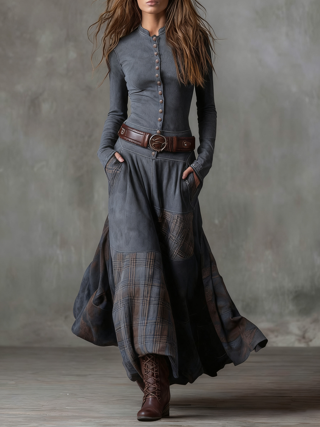 Annalise | Geknöpftes Karomuster-Maxikleid