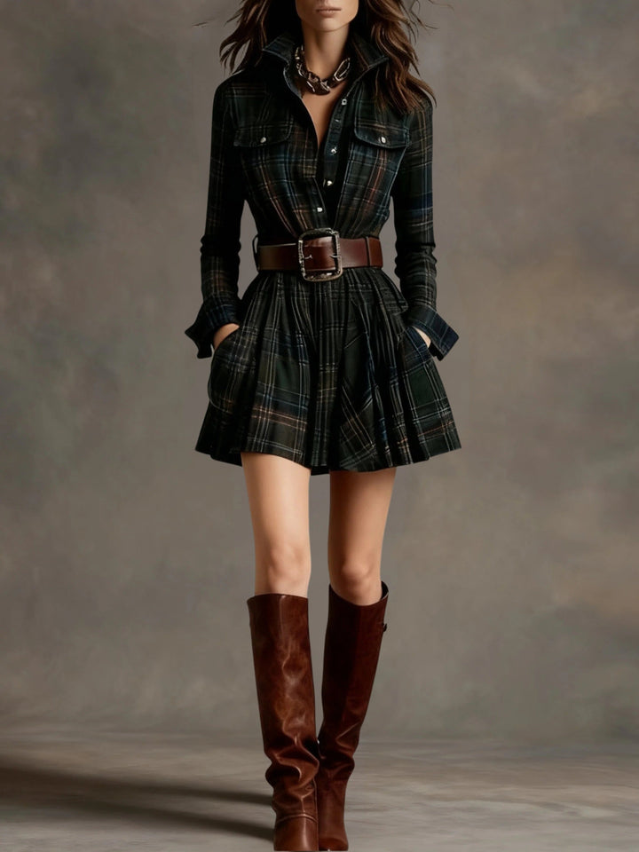 Elise | Vintage Kurzes Kleid mit Rot- und Brauntönen und Revers (Inklusive Gürtel)