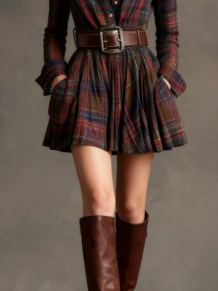 Elise | Vintage Kurzes Kleid mit Rot- und Brauntönen und Revers (Inklusive Gürtel)
