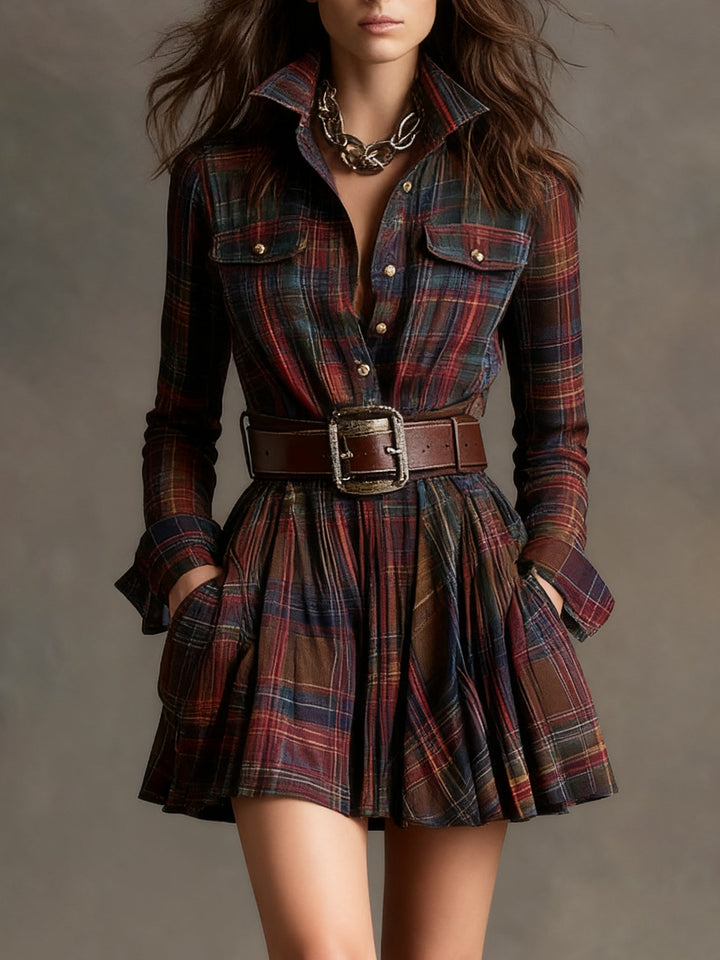 Elise | Vintage Kurzes Kleid mit Rot- und Brauntönen und Revers (Inklusive Gürtel)