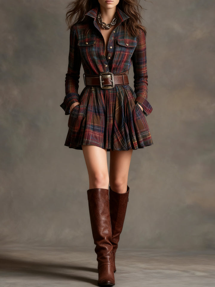 Elise | Vintage Kurzes Kleid mit Rot- und Brauntönen und Revers (Inklusive Gürtel)