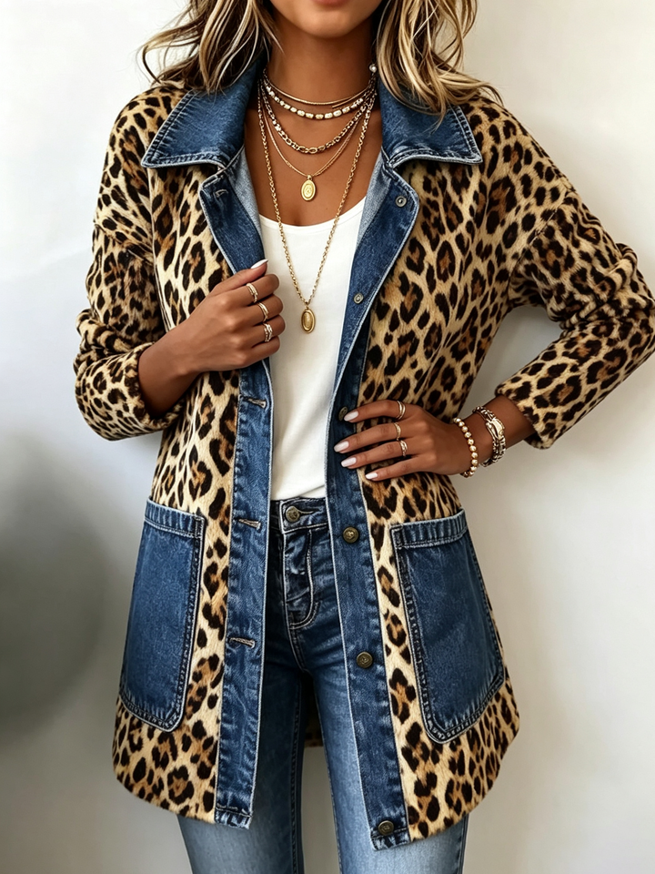 Fablenne™ | Lange Jacke mit Leopardenmuster und Denim-Paneelen