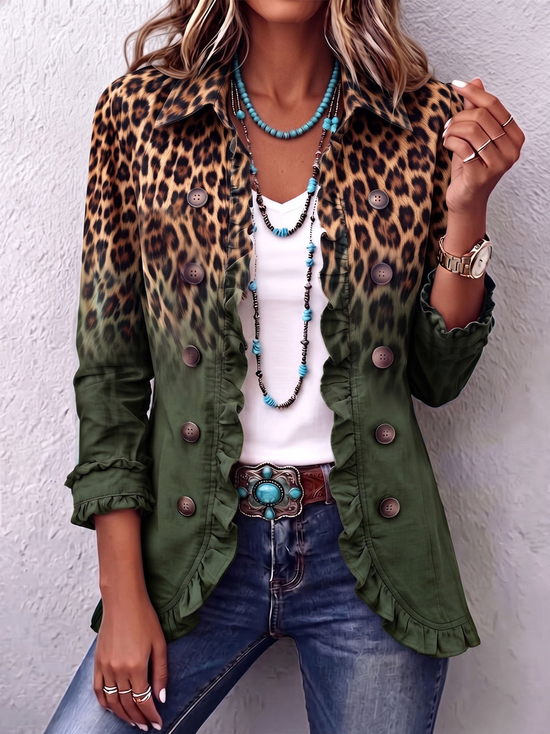 Elspeth™ | Blazerjacke mit Rüschendetails in Leoparden-Ombre