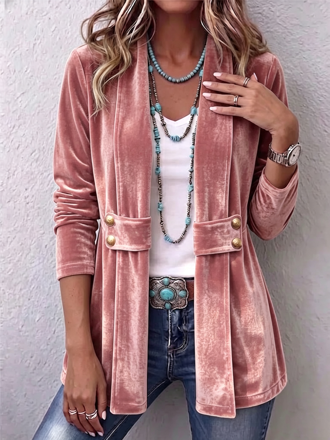 Holliwell™ | Offene Langarmjacke mit vintage Knopfakzent