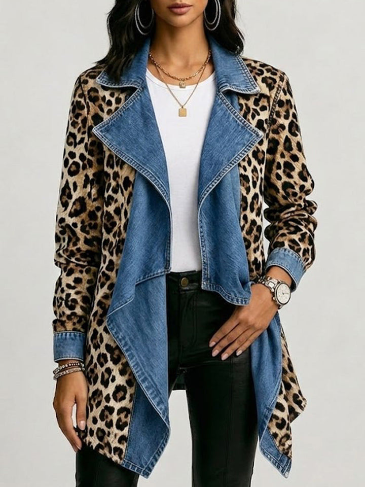 Sherilyn™ | Mid-Length Jacket with Washed Denim Panels and Leopard Print