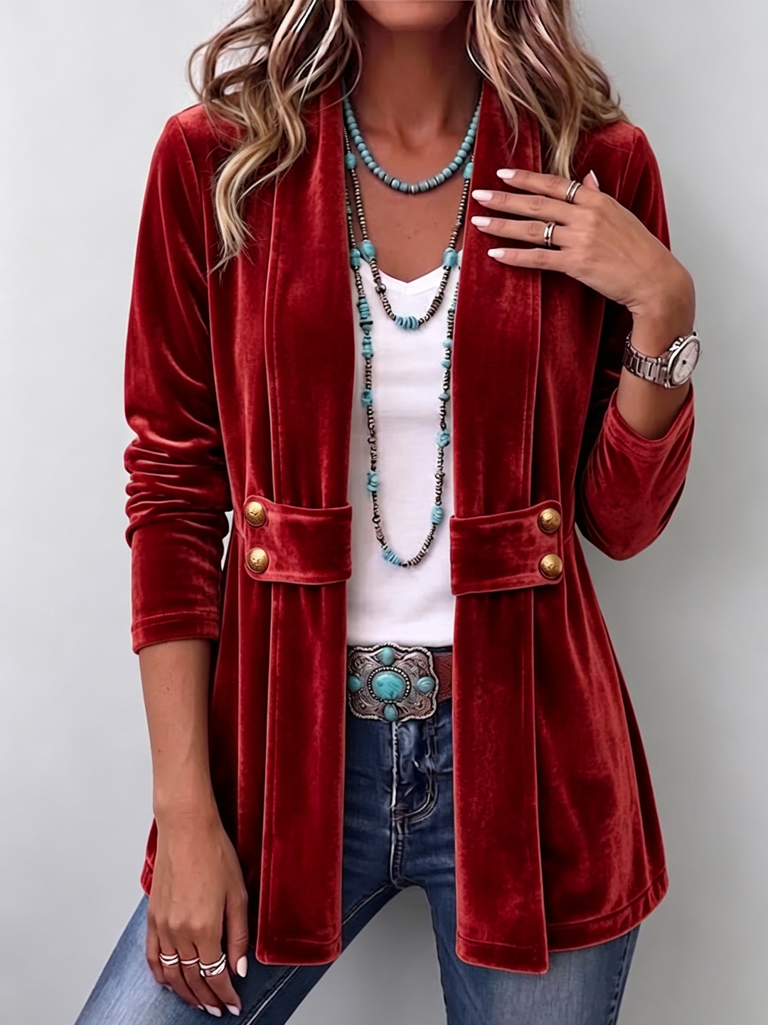 Holliwell™ | Offene Langarmjacke mit vintage Knopfakzent