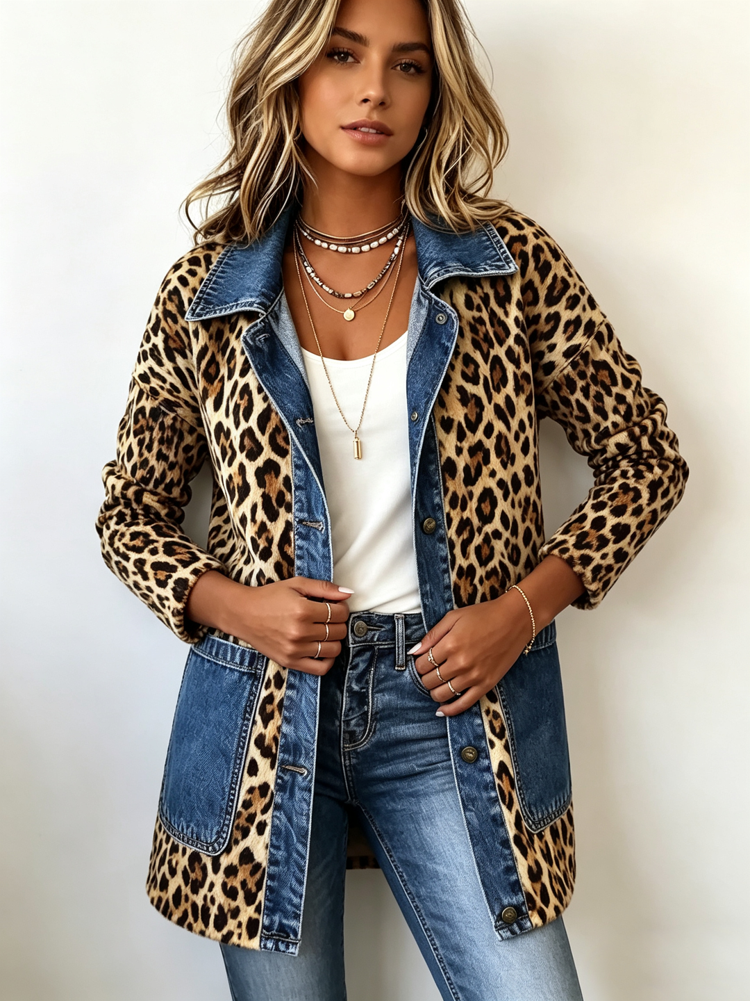 Fablenne™ | Lange Jacke mit Leopardenmuster und Denim-Paneelen