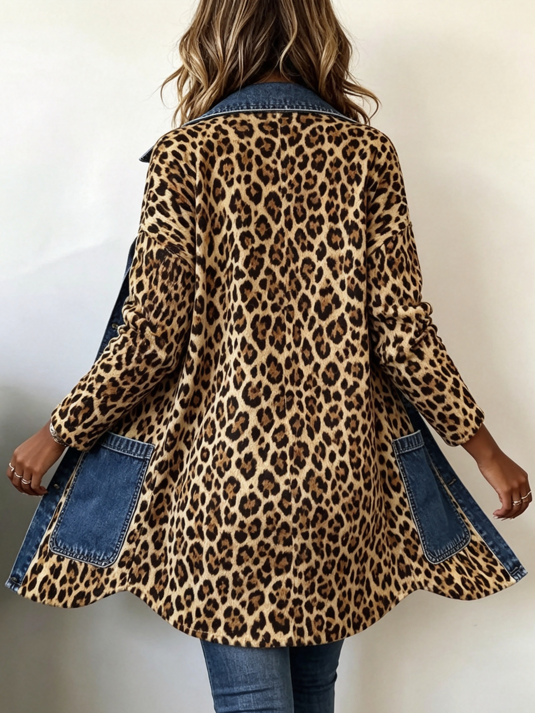 Fablenne™ | Lange Jacke mit Leopardenmuster und Denim-Paneelen