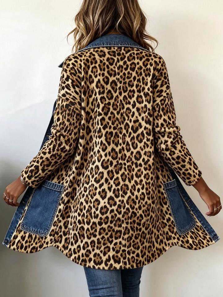 Fablenne™ | Lange Jacke mit Leopardenmuster und Denim-Paneelen