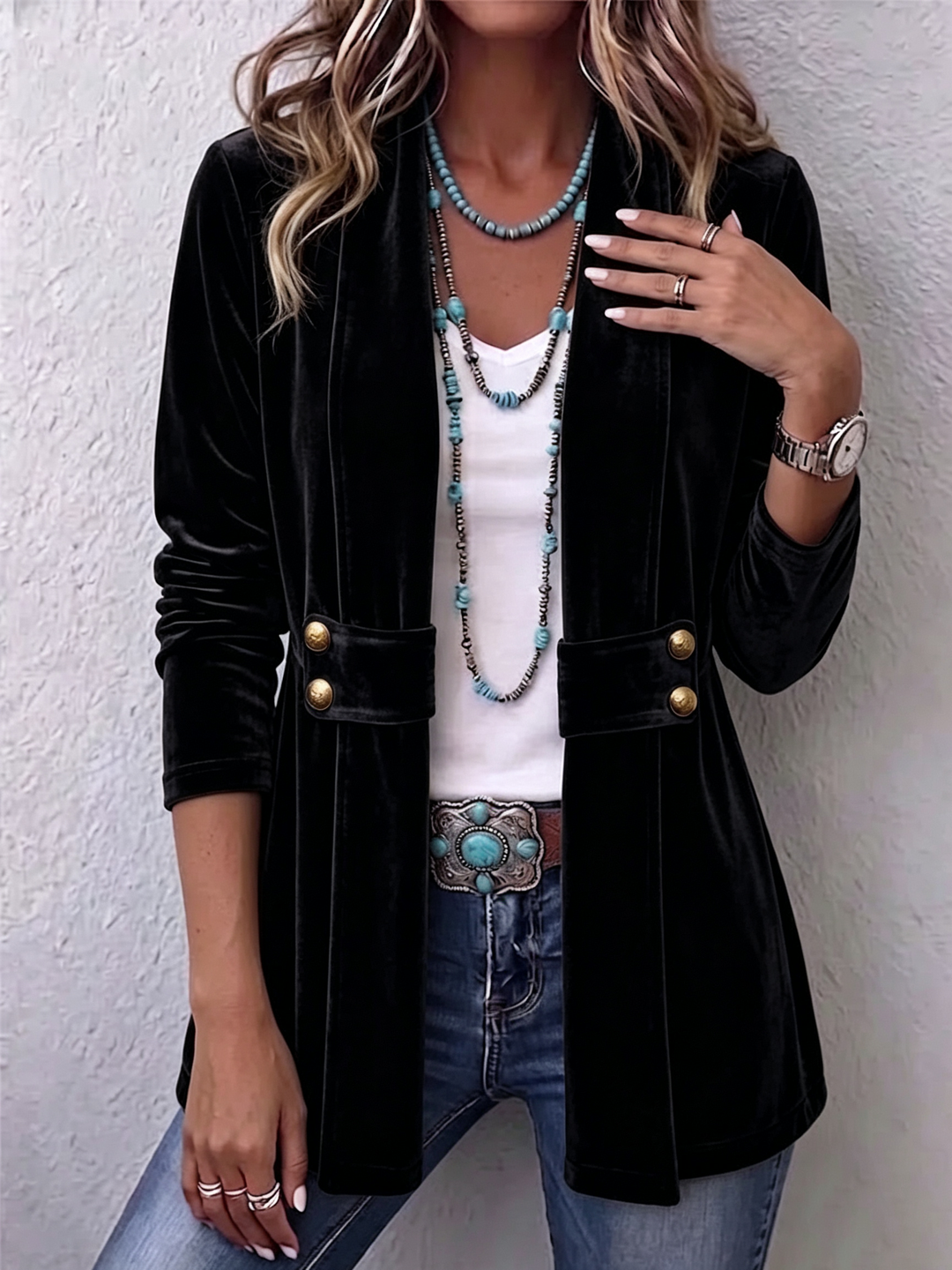 Holliwell™ | Offene Langarmjacke mit vintage Knopfakzent