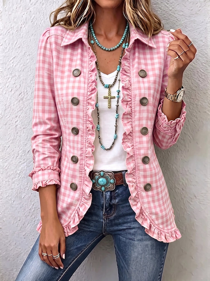 Charlene™ | Vichy-Jacke mit Rüschenknöpfen