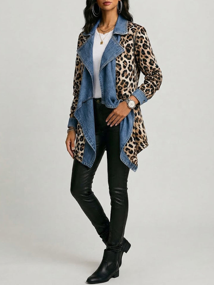 Sherilyn™ | Mid-Length Jacket with Washed Denim Panels and Leopard Print