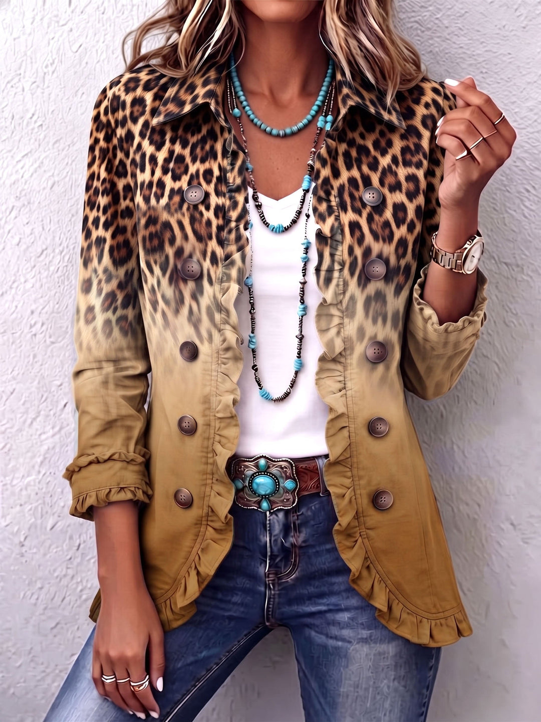 Elspeth™ | Blazerjacke mit Rüschendetails in Leoparden-Ombre
