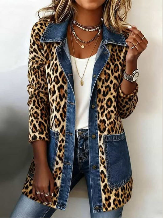 Fablenne™ | Lange Jacke mit Leopardenmuster und Denim-Paneelen